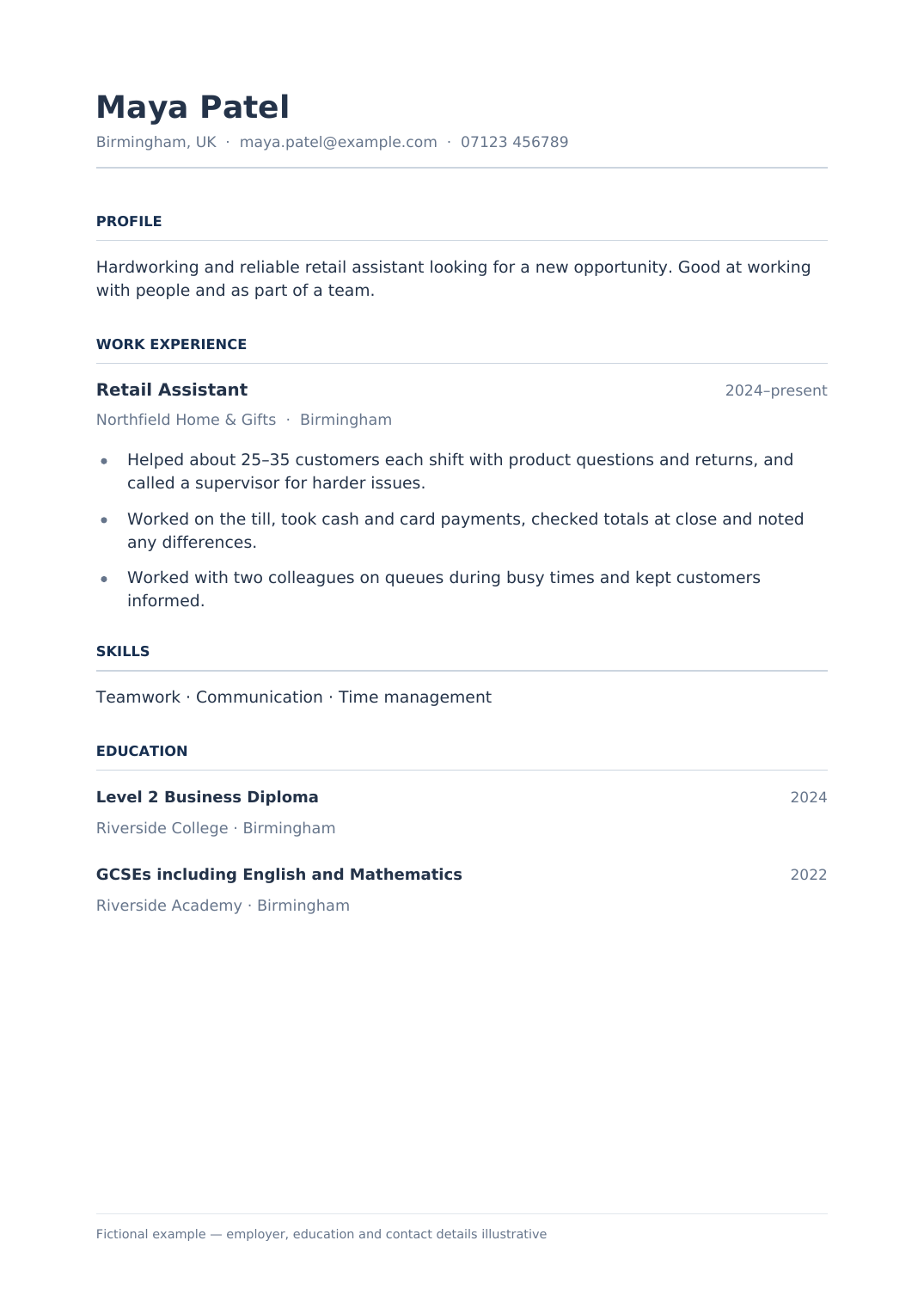 One-page fictional CV for Maya Patel: broad profile, retail experience, general skills and illustrative education placeholder