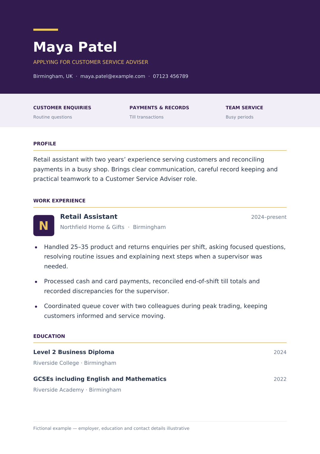 One-page fictional tailored CV for Maya Patel with a deep plum header, gold accents, a fictional employer badge, education and relevant retail experience